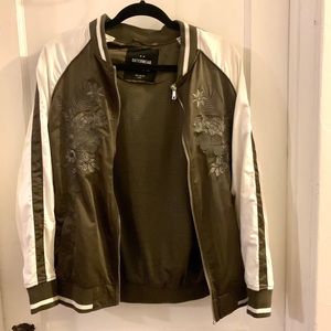 Satin Bomber Jacket Olive Green with Embroidery